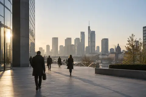 Commuters in a financial district at dawn