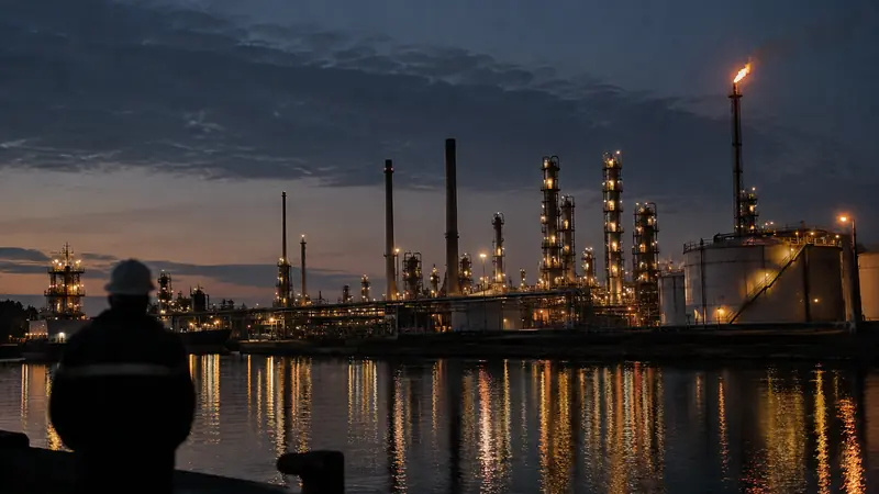 A refinery at night