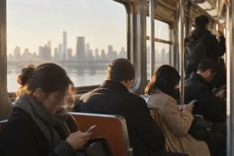 Commuters on their phones