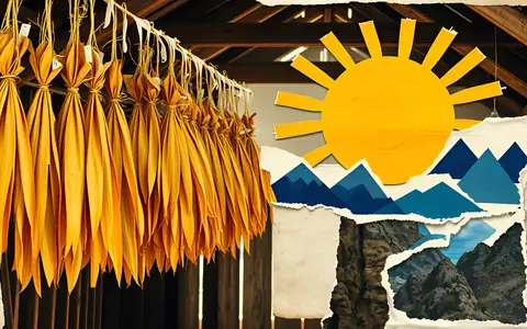 Bundles of dried golden leaves hanging from barn rafters