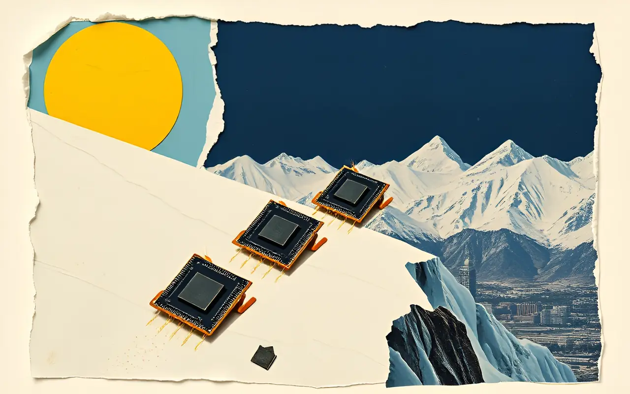 Three computer chips sliding down an icy slope