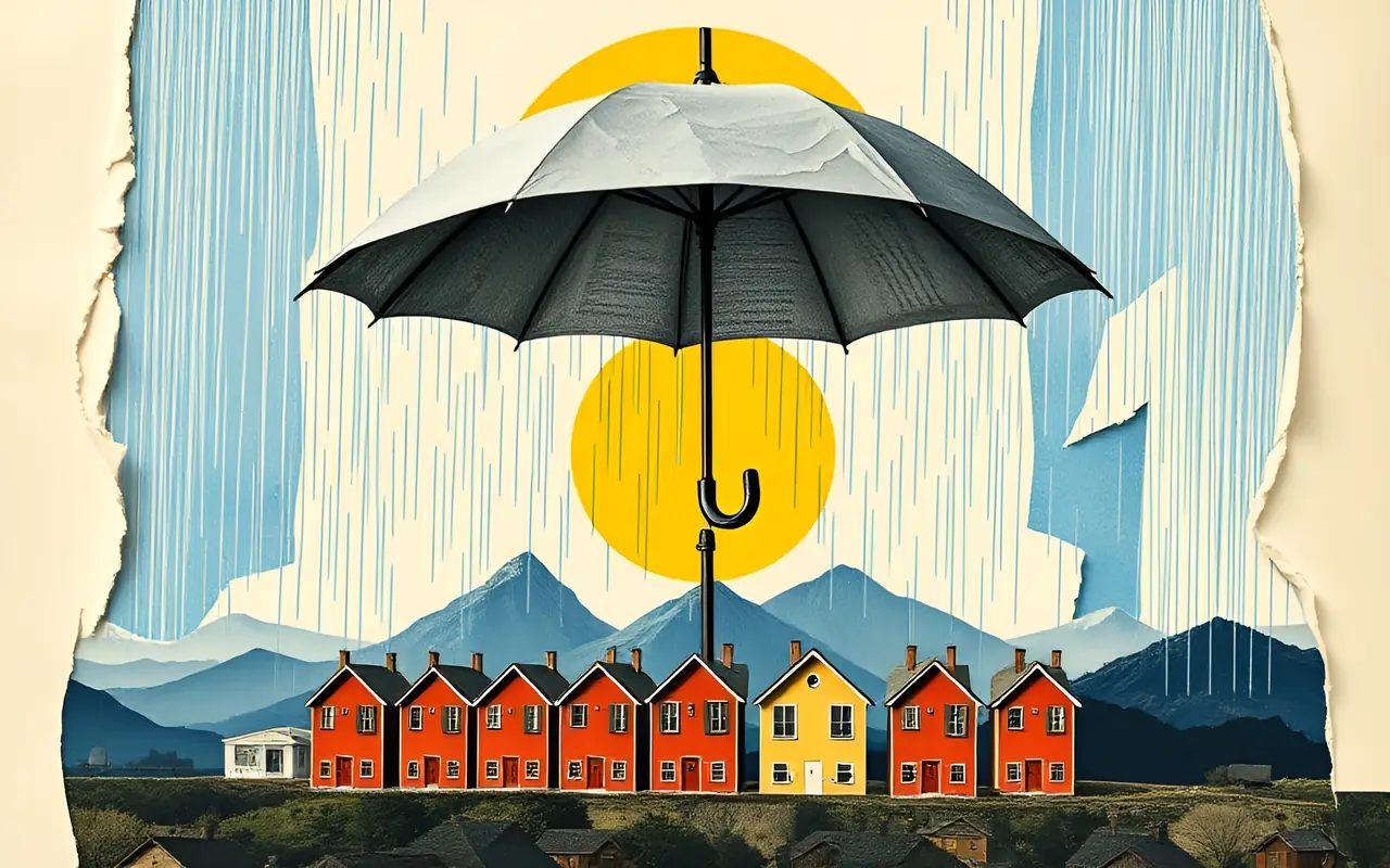 A giant umbrella sheltering a row of houses from the rain