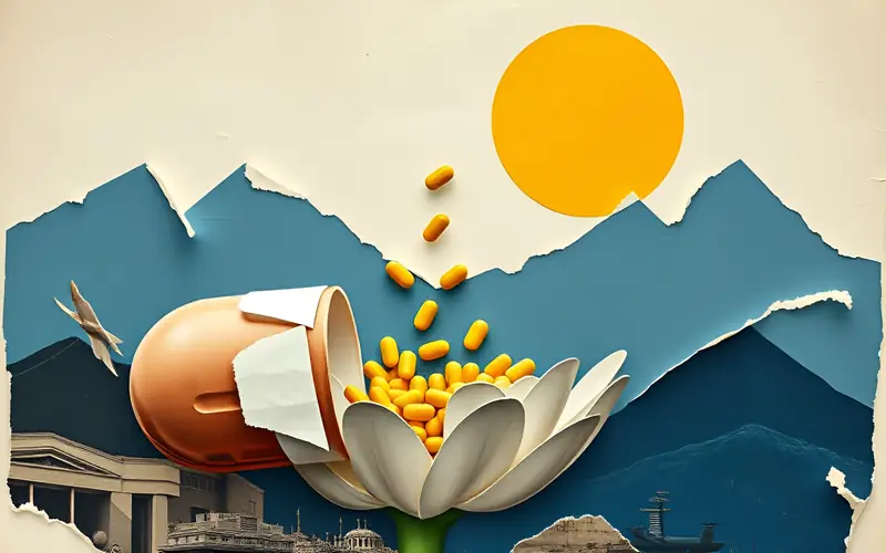 A capsule pill opening like a flower as small pills float up