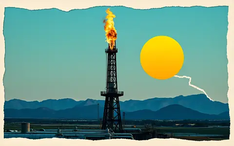 An oil refinery tower at dusk with a tall golden flame
