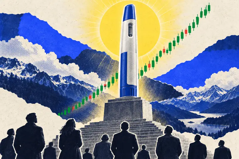 A collage of a giant medicine pen standing like a monument beside a staircase of green candlesticks
