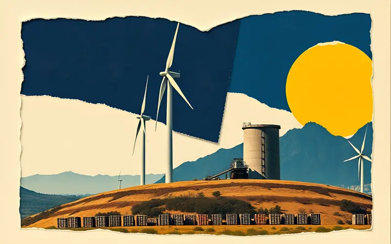 Wind turbines and a gas turbine on a hill with a line of crates