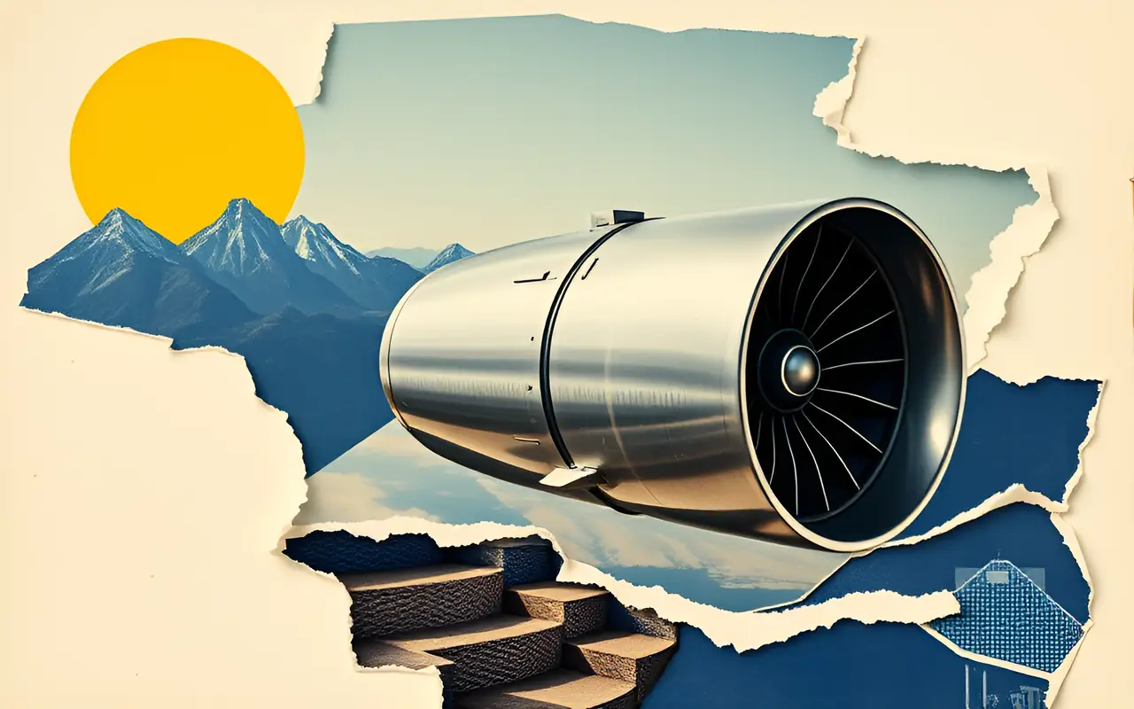 A jet engine climbing a staircase toward the sun
