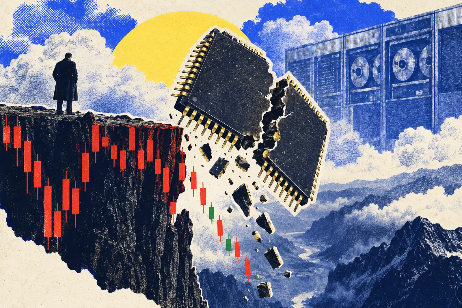 A collage of a cracked computer chip falling off a cliff made of red candlesticks