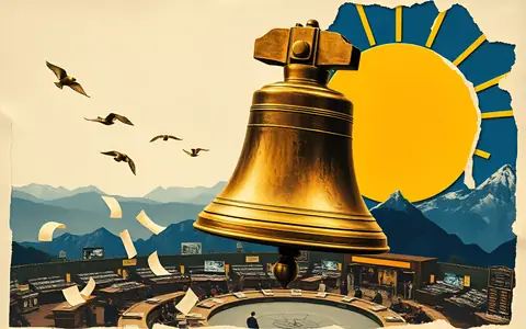 A brass trading bell ringing above an exchange floor