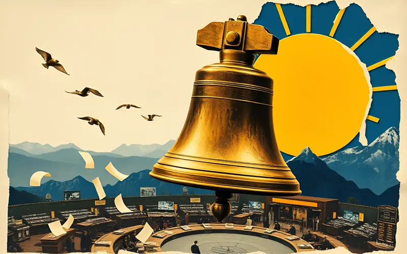 A brass trading bell ringing above an exchange floor