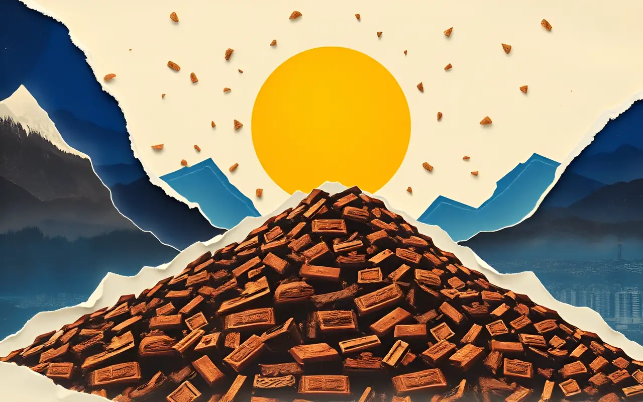 A staircase of chocolate bars and biscuits rising into the sky