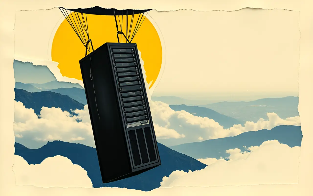 A server rack hanging from a deflating hot-air balloon, sinking through the clouds
