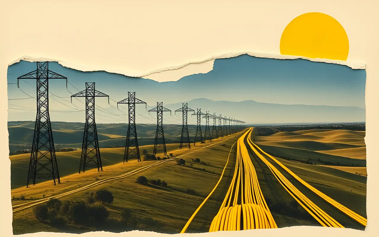 Electricity pylons across rolling hills with a long line of cable spools