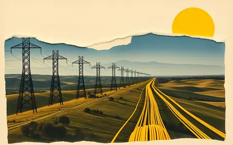 Electricity pylons across rolling hills with a long line of cable spools