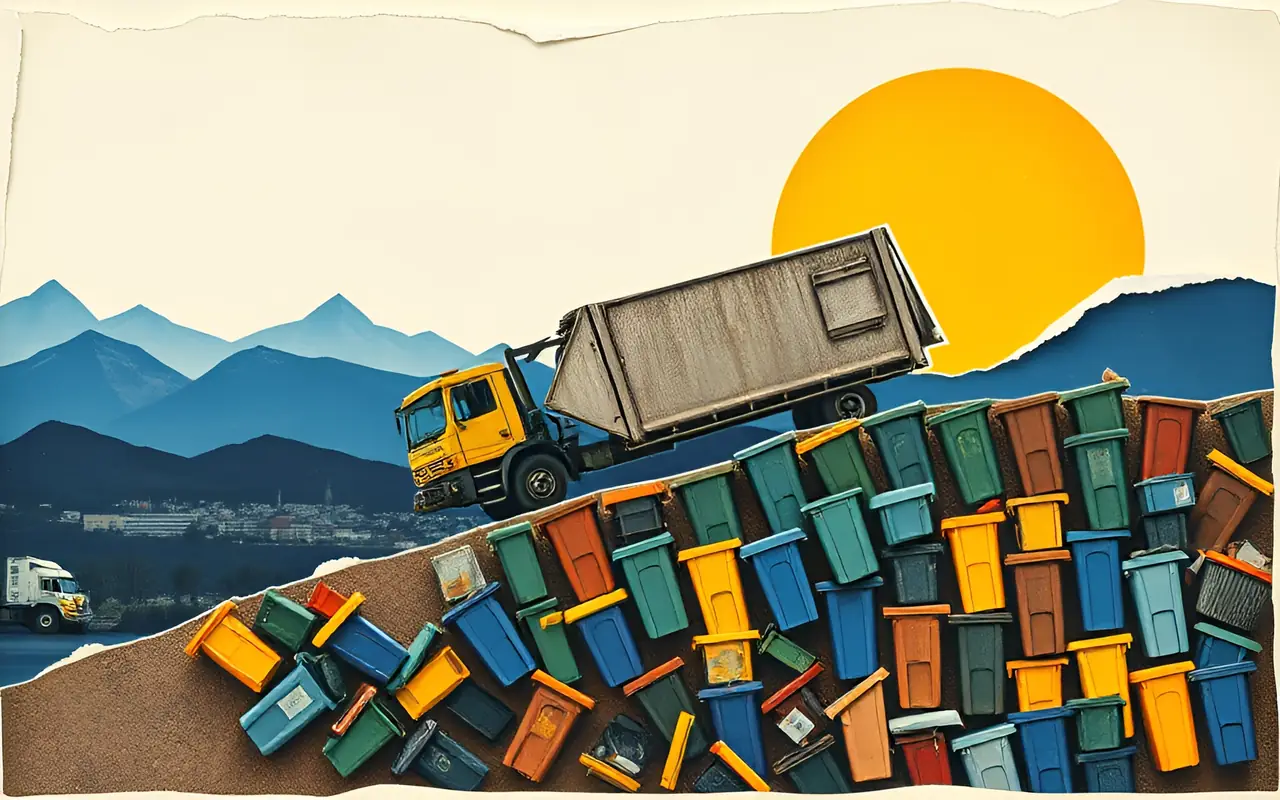 A garbage truck driving up a hill of recycling bins at sunrise
