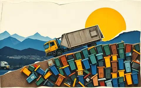 A garbage truck driving up a hill of recycling bins at sunrise