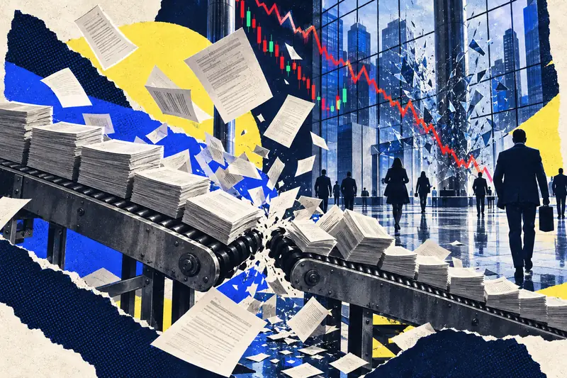 A collage of an office conveyor belt of paperwork snapping in half as a red chart line dives