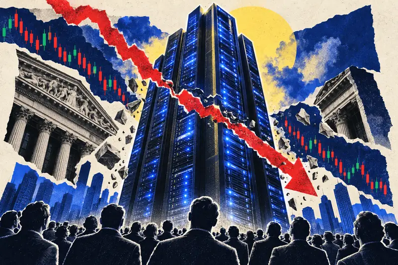 A collage of a data-center tower split by a falling red stock-chart arrow, watched by a crowd of traders