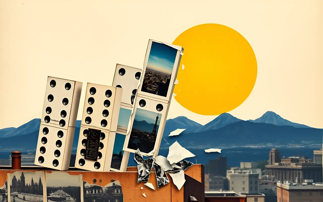 Five dominoes toppling across a rooftop