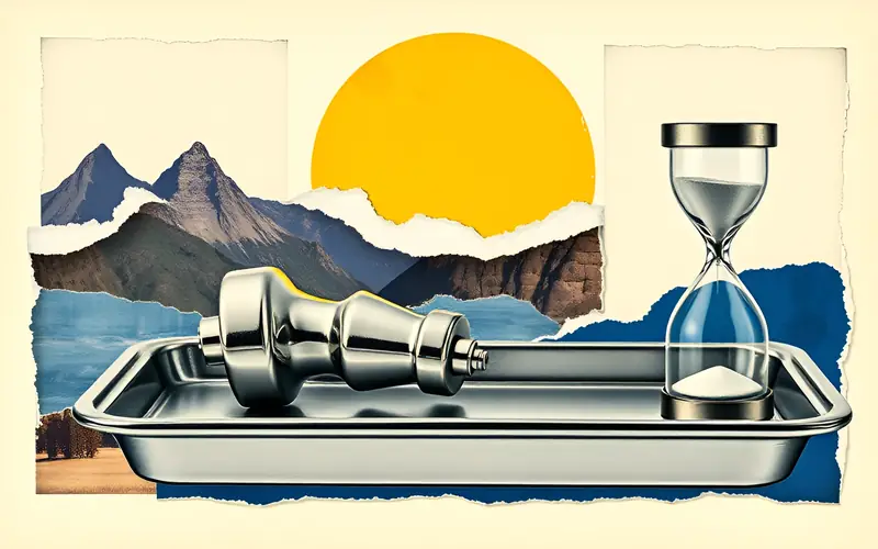 An artificial knee joint beside an hourglass on a hospital tray