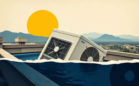 A rooftop air-conditioning unit sinking into water