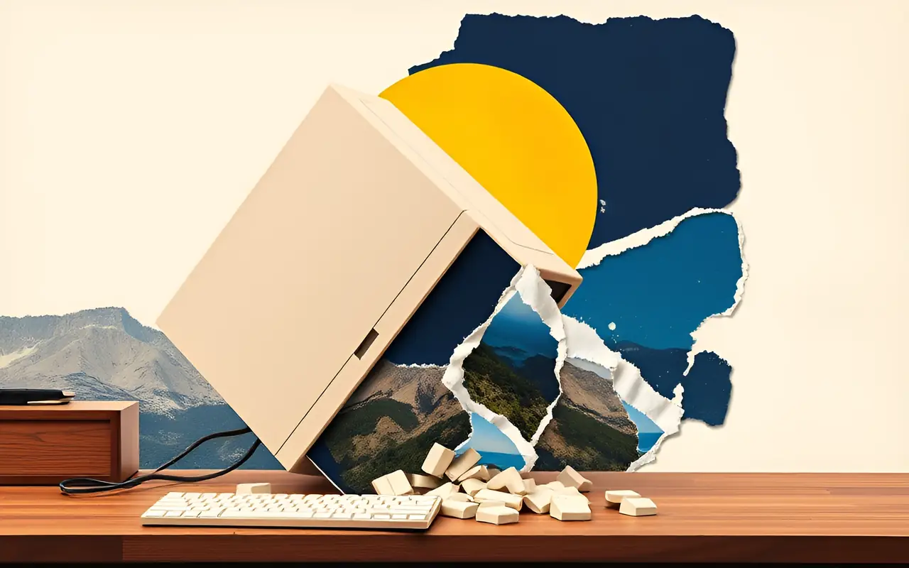 A desktop computer tipping off a desk as keyboard keys spill into the air