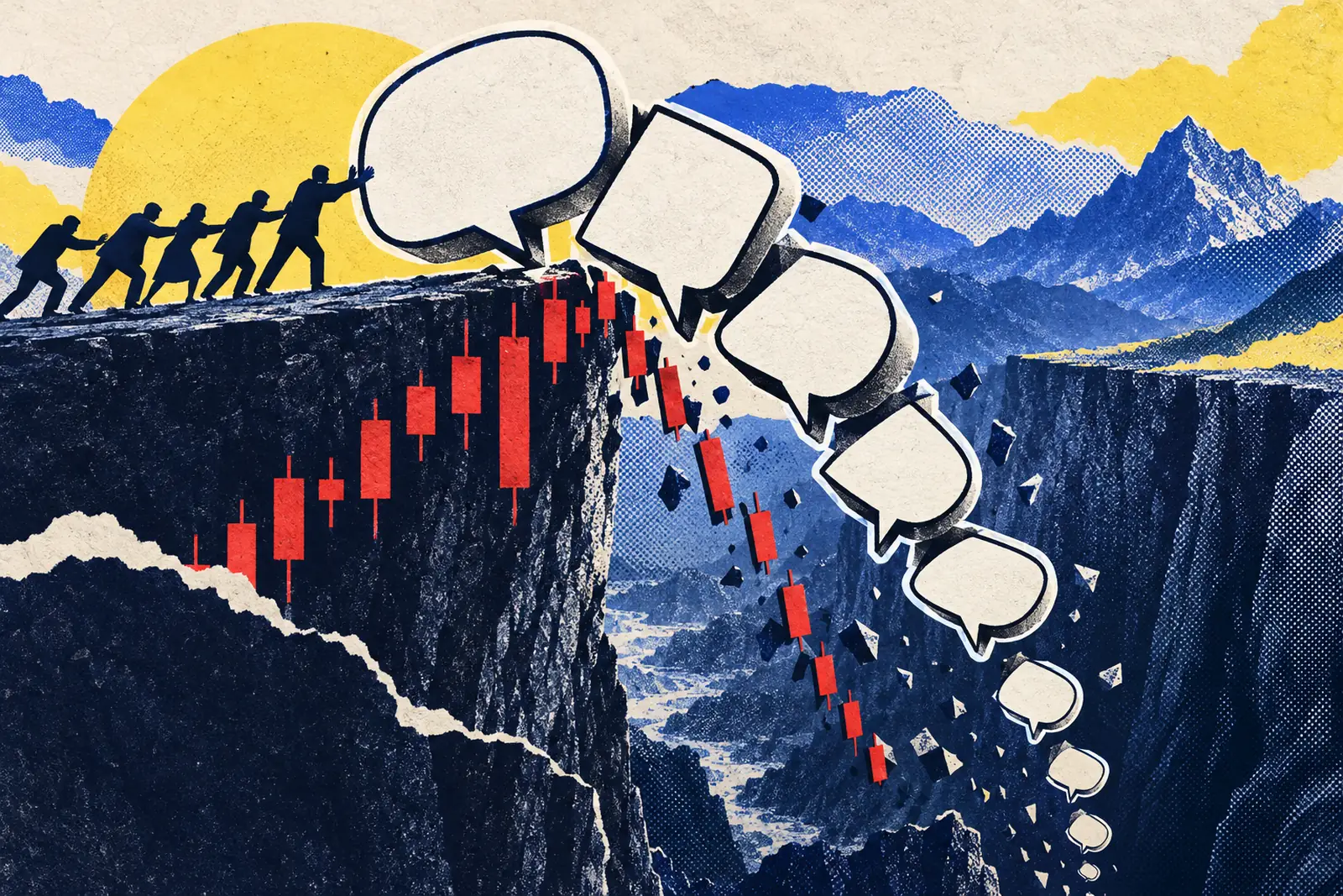A collage of a tower of speech bubbles toppling off a cliff of red candlesticks
