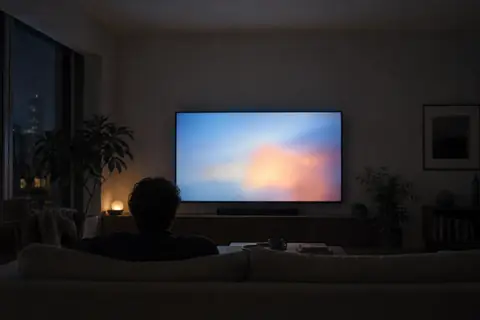 A living room lit by a TV