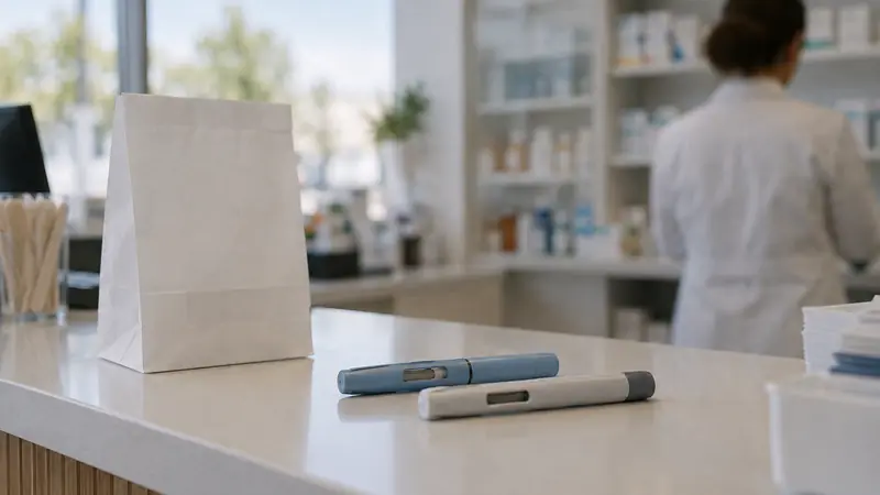Injection pens on a pharmacy counter